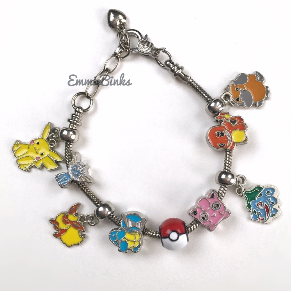 ✨3for$38 New 9 Charm Pokémon Character Silver Enamel Charm Bracelet ~ Pokeball